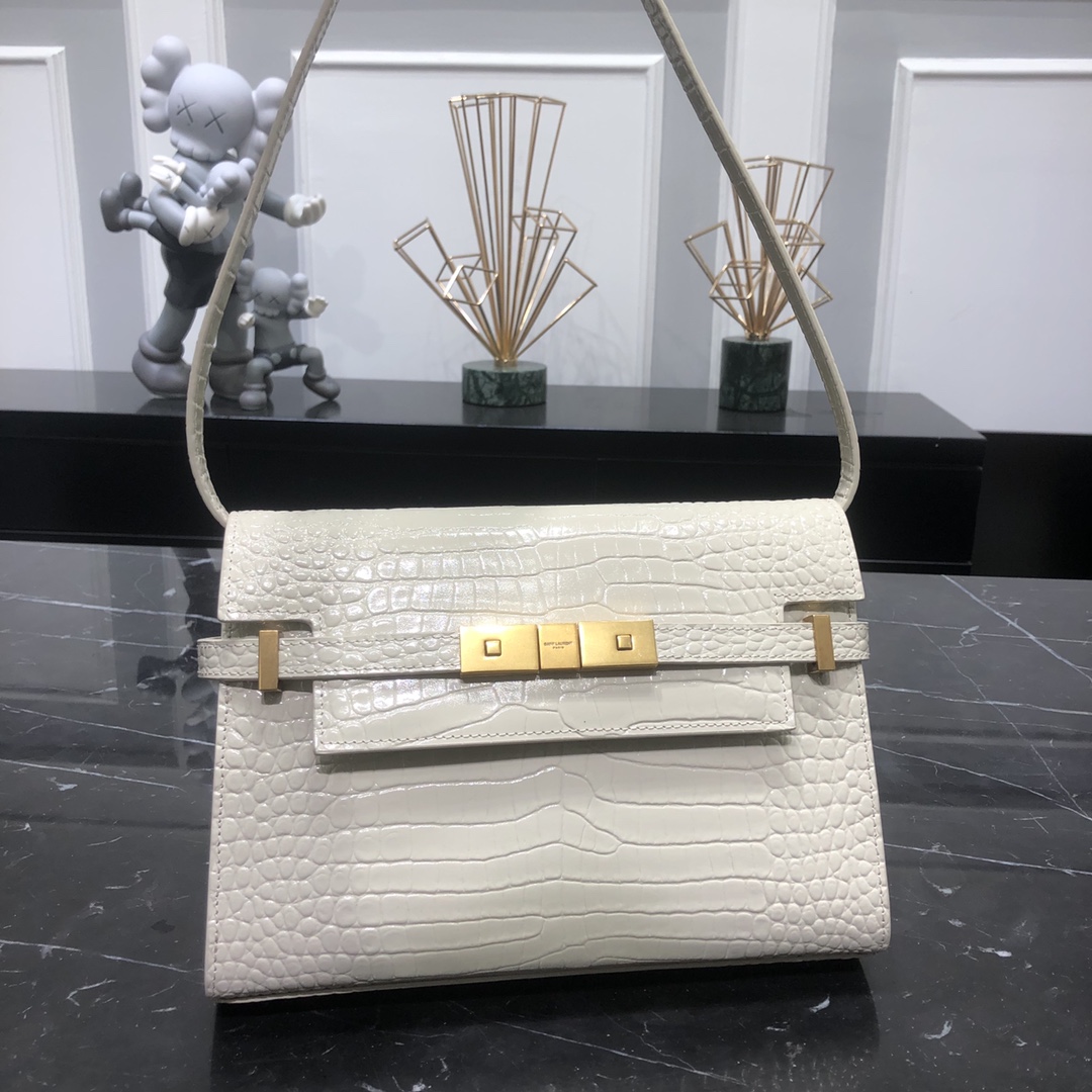 Saint Laurent Small Manhattan Box Crocodile Embossed Calfskin Shoulder Bag White 675626  